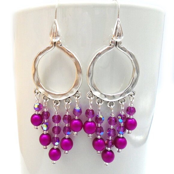 AUSTRIAN CRYSTALS and CRYSTAL PEARLS Chandelier Earrings Fuchsia - Picture 1 of 1